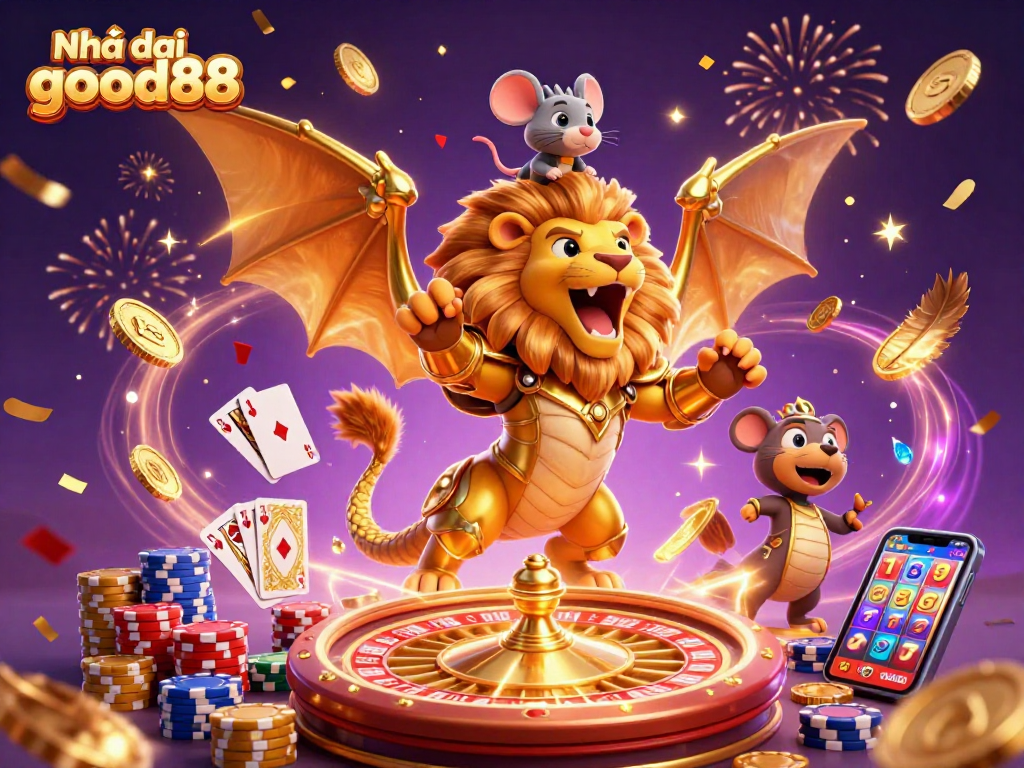 Engage with Nhà cái good88 through an immersive casino adventure featuring a golden armored chimera and vibrant game elements.