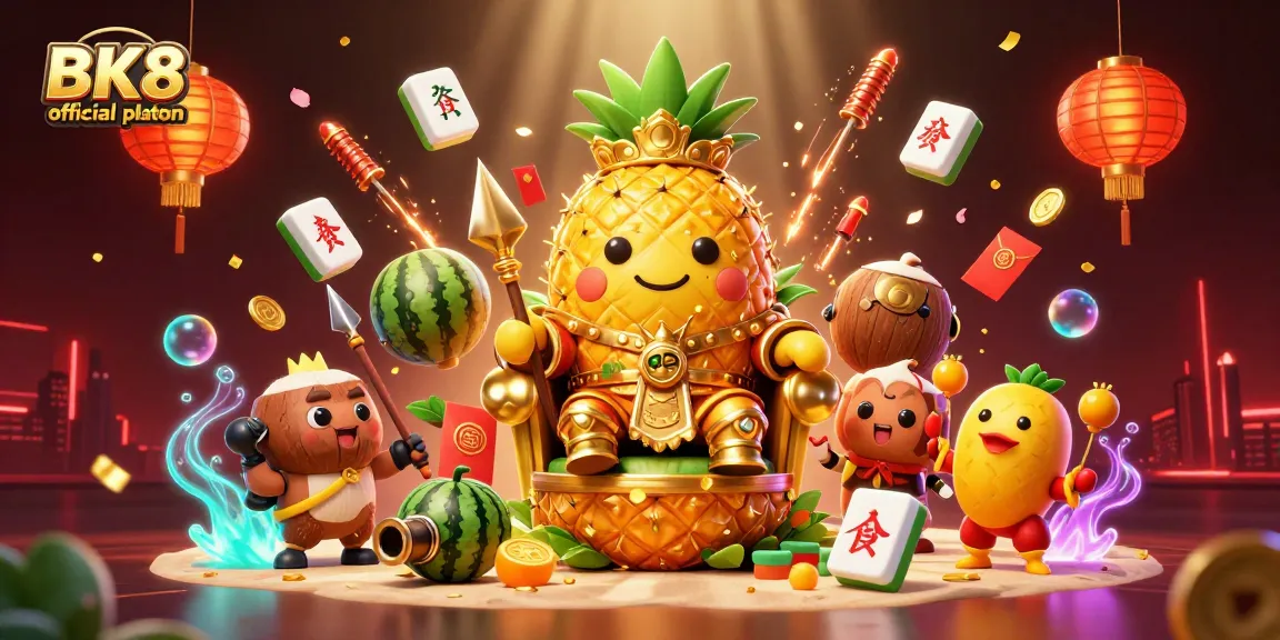 Engage with the BK8 official platform in a vibrant casino scene featuring a golden pineapple king, festive gaming elements, and an immersive atmosphere.