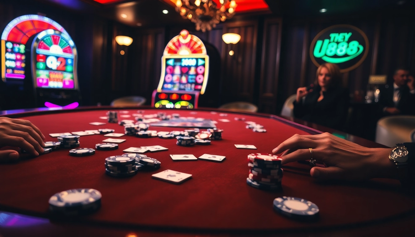 Experience thrilling gameplay at U 888 with a vibrant poker table and exciting slot machines.