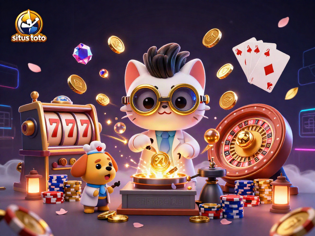 Gambarkan situs toto dengan kucing ilmuwan dan anjing asisten di mesin uang emas.