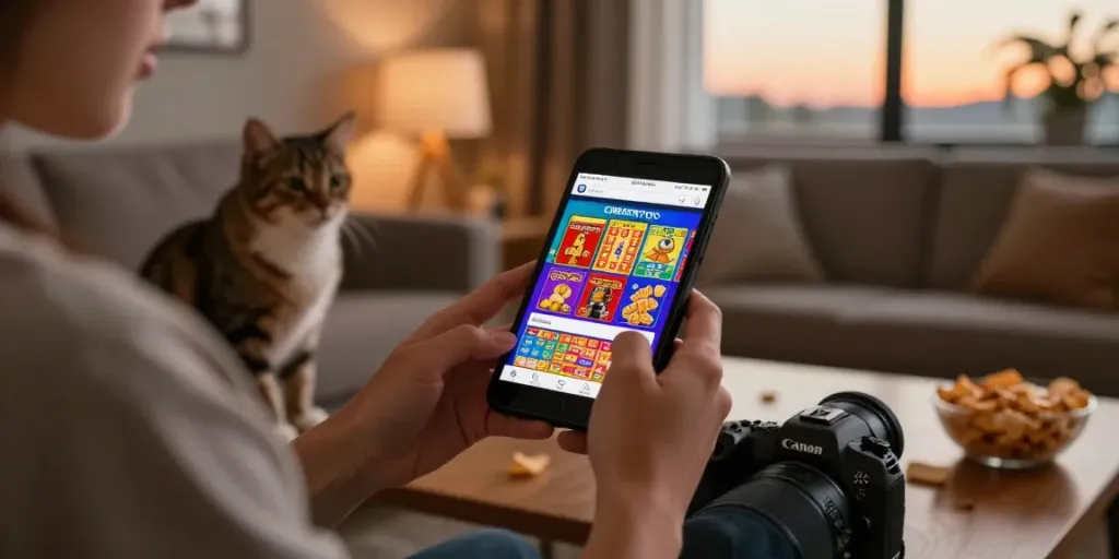 CIREBONTOTO di smartphone, menggambarkan kenyamanan bermain togel online di ruang tamu.