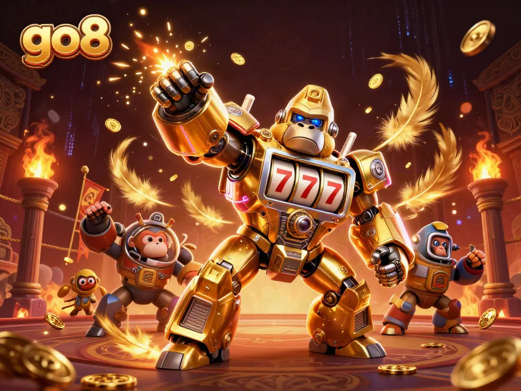Experience the thrill of gaming with the go8 golden gorilla mech championing the casino arena.