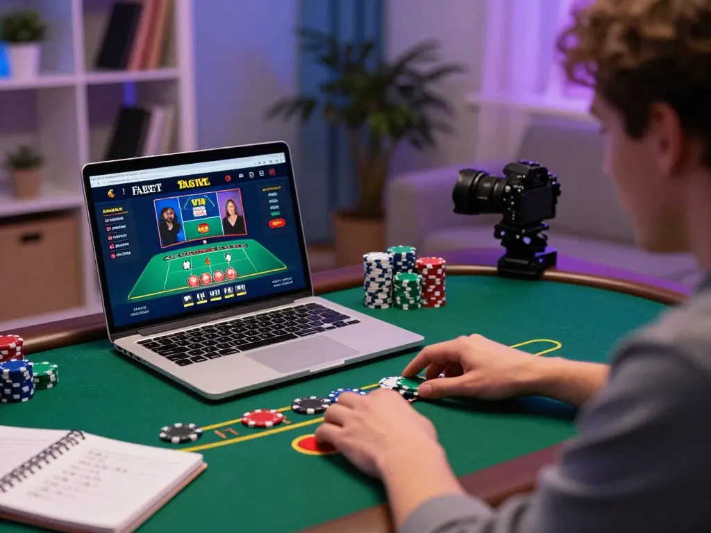 Engaging with fabet casino's live dealer blackjack game on a sleek laptop, focused on strategy.