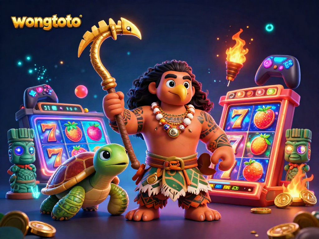 Experience wongtoto's vibrant casino world with a cartoon demigod hawk and themes of slot gaming.