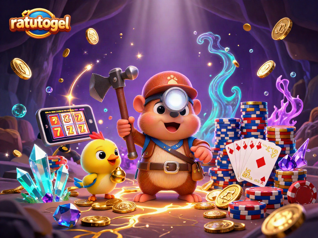 Engage with ratutogel's lively slots scene featuring a treasure hunter and canary amidst gold and gems.