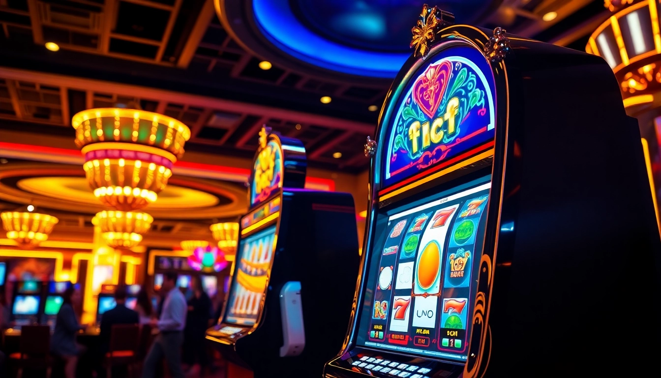 Menangkan jackpot di slot mesin kasino yang berkilau dengan lampu neon.