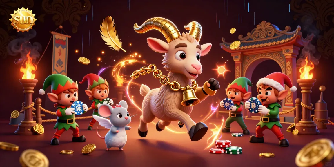 Win big at the enchanting sun-themed holiday casino, featuring a festive Krampus, angel mouse, and mischievous elf gremlins.