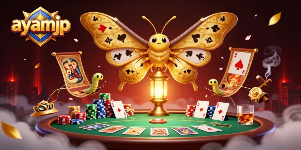 Experience the excitement of ayamjp with a vibrant 3D casino scene featuring golden-winged moths and poker elements.
