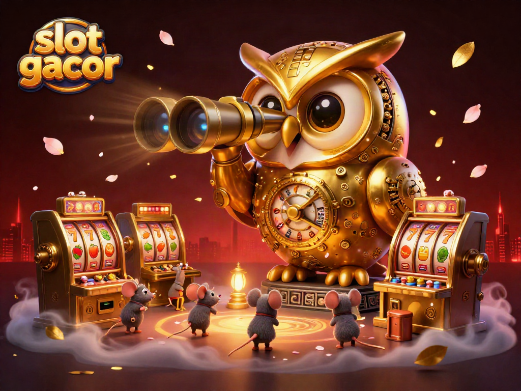 Mengamati slot gacor, burung hantu emas beroda melintasi kasino dengan simbol keberuntungan.