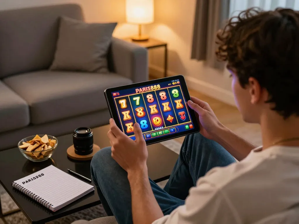 Player experiencing the excitement of Paris888 slot games on a tablet in a cozy home setting.