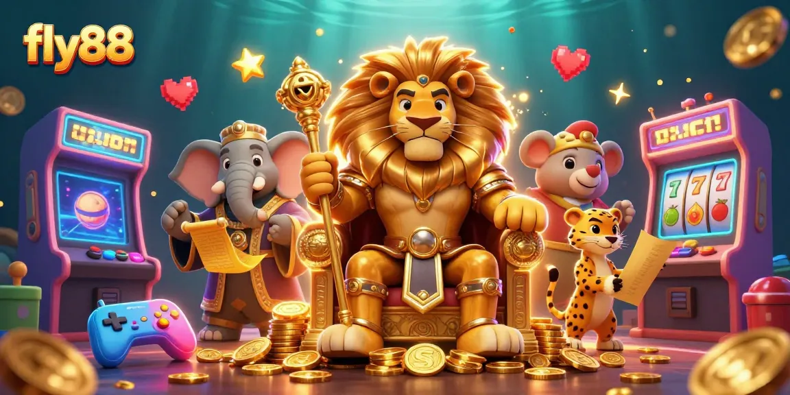 Engage with fly88's thrilling casino adventure featuring a lion king among vibrant game elements.