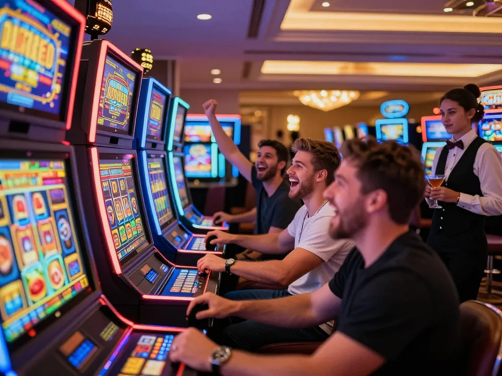 Players enjoying a thrilling session at a situs slot, showcasing exciting wins on vibrant slot machines.