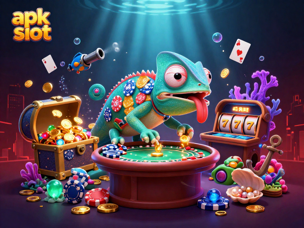 Memenangkan jackpot di apk slot dengan animasi chameleon yang memikat, dikelilingi emas dan permata.