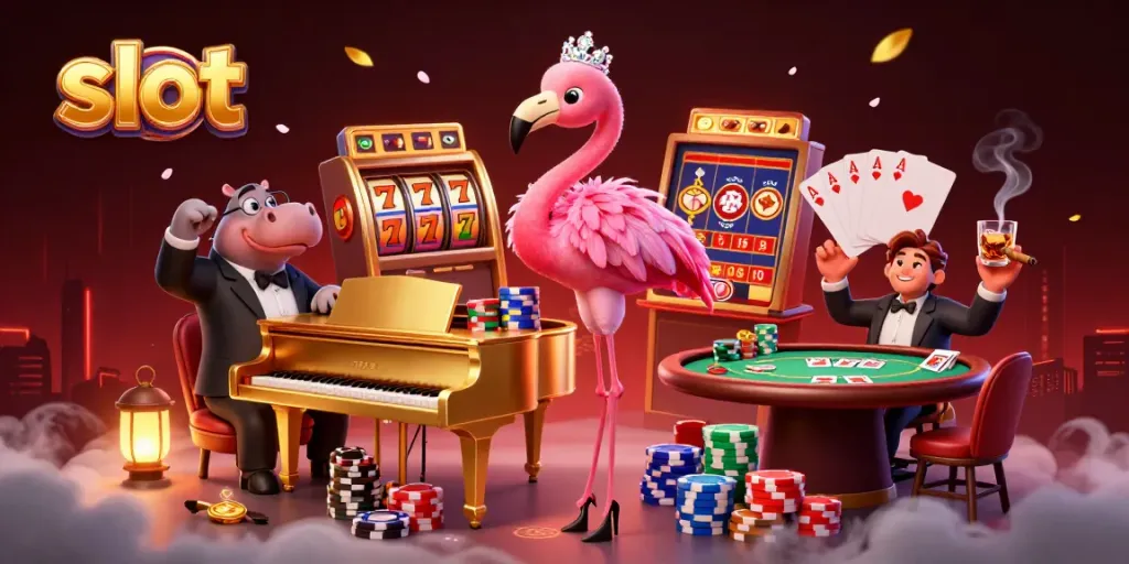 Putar slot dengan flamingo penyanyi dan hippo bassis di kasino ceria.