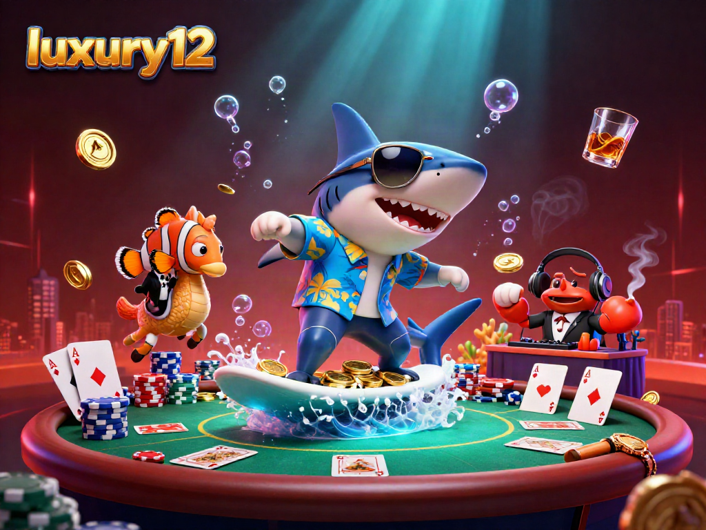 luxury12 showcases a lively underwater casino scene with a shark surfing gold coins, enhancing player excitement.