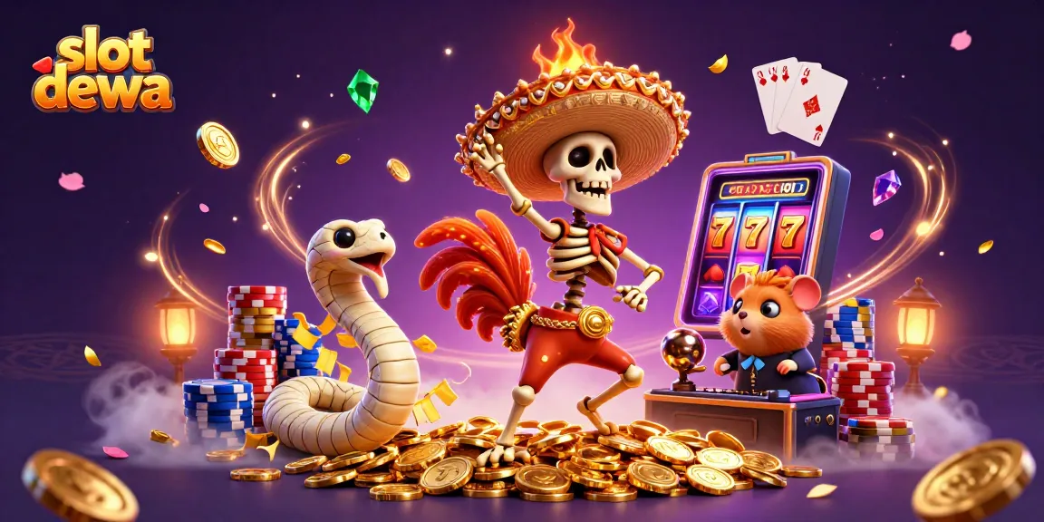 Slot dewa menampilkan karakter unik dengan tumpukan koin emas dan mesin slot, taruhan besar menanti!
