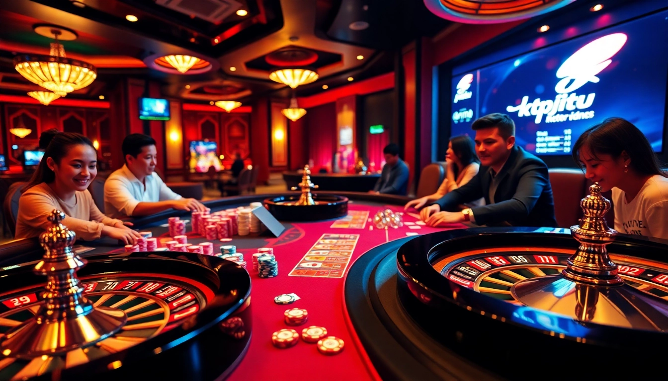 Ktp jitu players strategizing at a lively casino table with vibrant poker chips and cards.